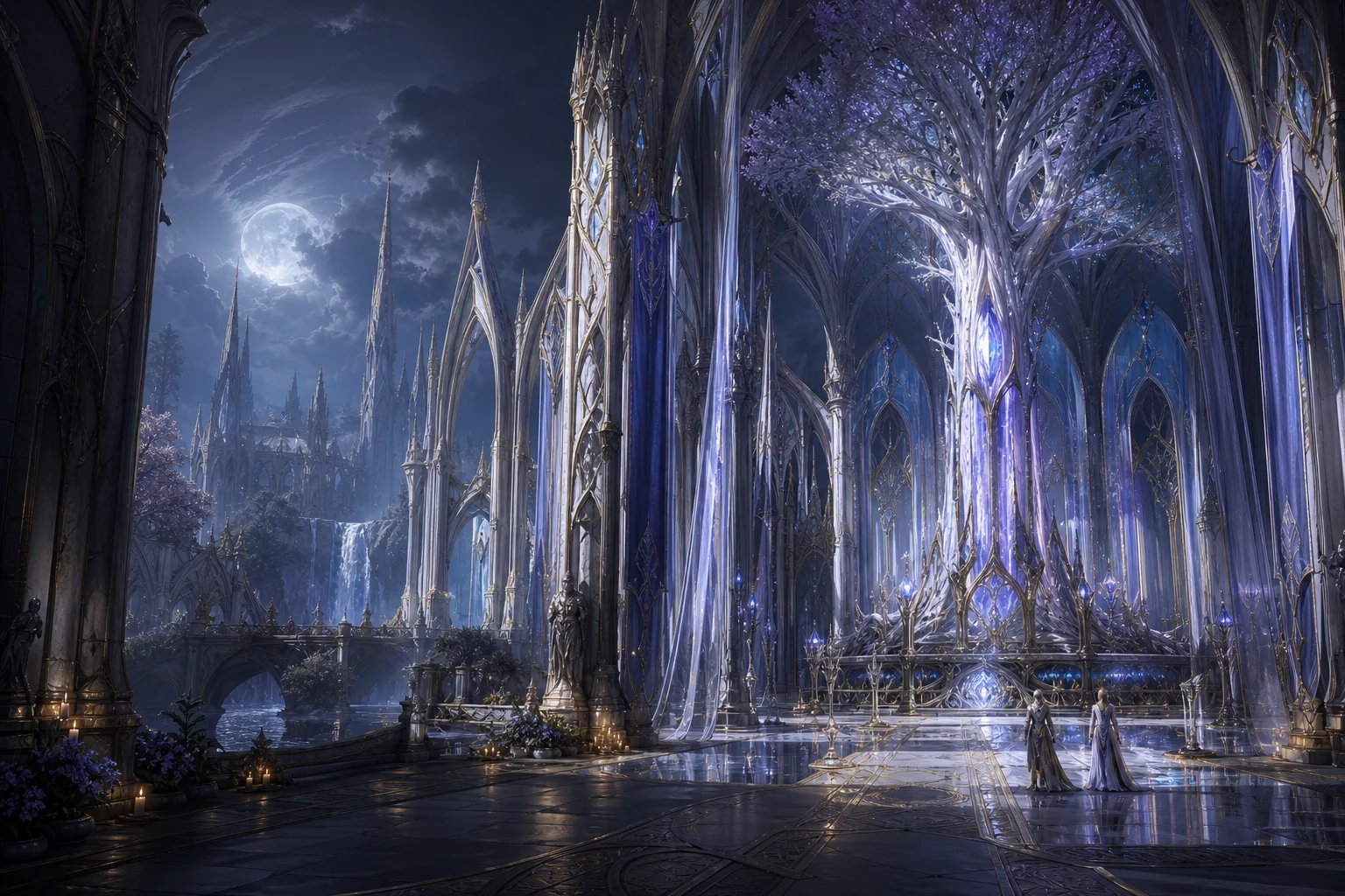 A moonlit elven sanctuary beneath a crystalline world tree