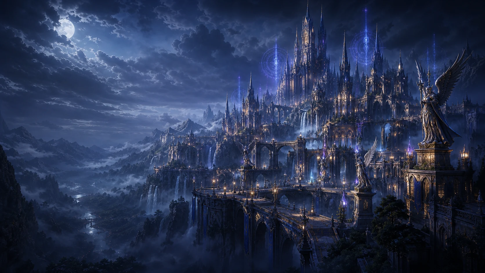 A moonlit gothic realm surrounding a distant citadel